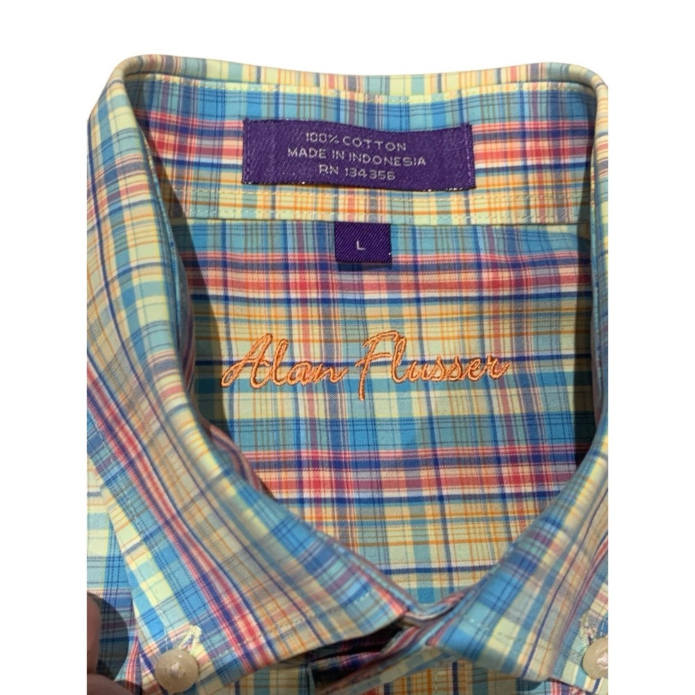 Alan Flusser Mens Shirt Plaid Button Down Short‎ Sleeve COLORFUL Plaid Size L - Picture 4 of 10